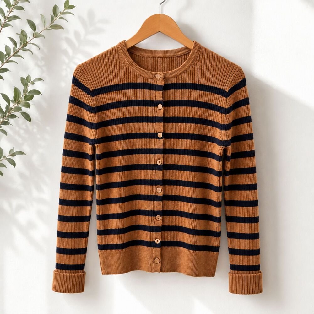 A New Day Brown & Navy Striped Ribbed Button-Front Cardigan Sweater